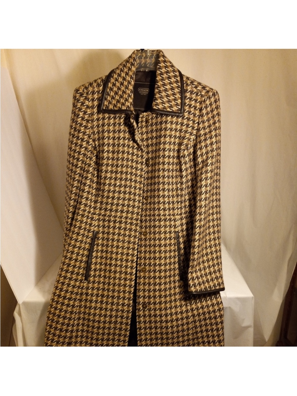 Coach Houndstooth Wool Blend Coat - Taupe/Black